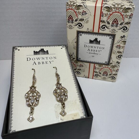 DOWNTON ABBEY Antique Gold Tone Rhinestone Dangle Earrings - Picture 1 of 6